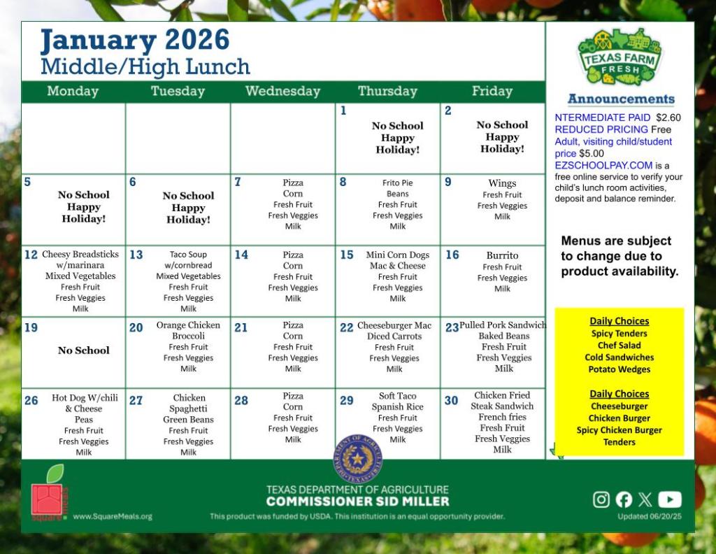 A menu providing lunch options for the month of January